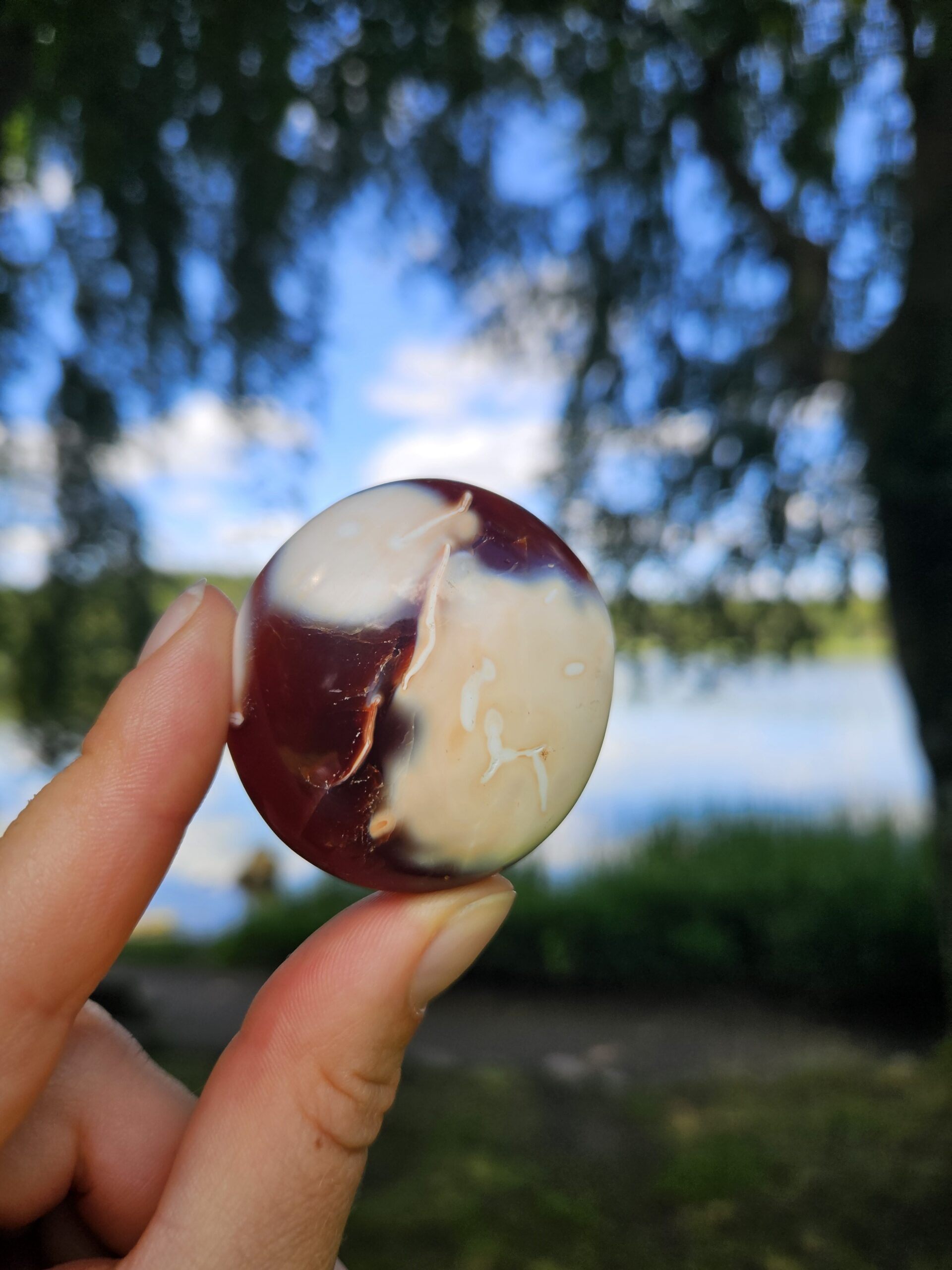 Karneol palmstone i varme, orange og røde nuancer. Denne krystal er kendt for at styrke mod, energi og kreativitet. Den hjælper med at aktivere livskraften, fremme selvværd og skabe balance i kroppens energiflow.