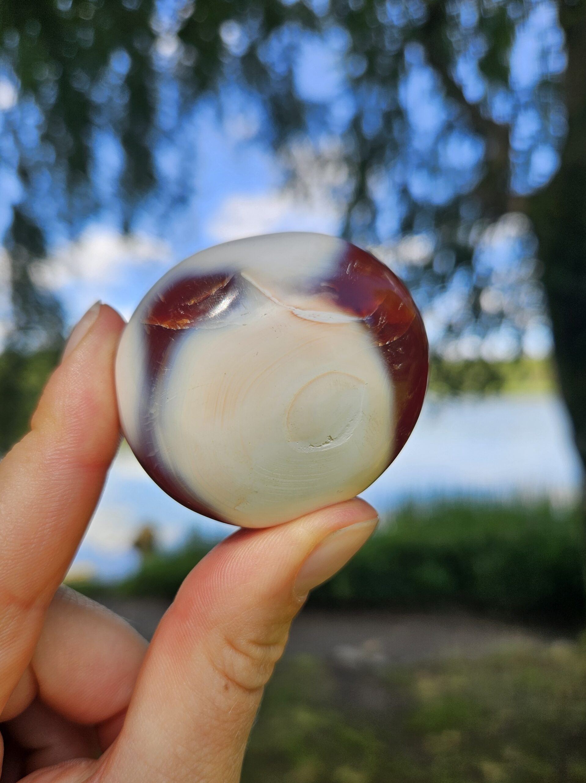 Karneol palmstone i varme, orange og røde nuancer. Denne krystal er kendt for at styrke mod, energi og kreativitet. Den hjælper med at aktivere livskraften, fremme selvværd og skabe balance i kroppens energiflow.