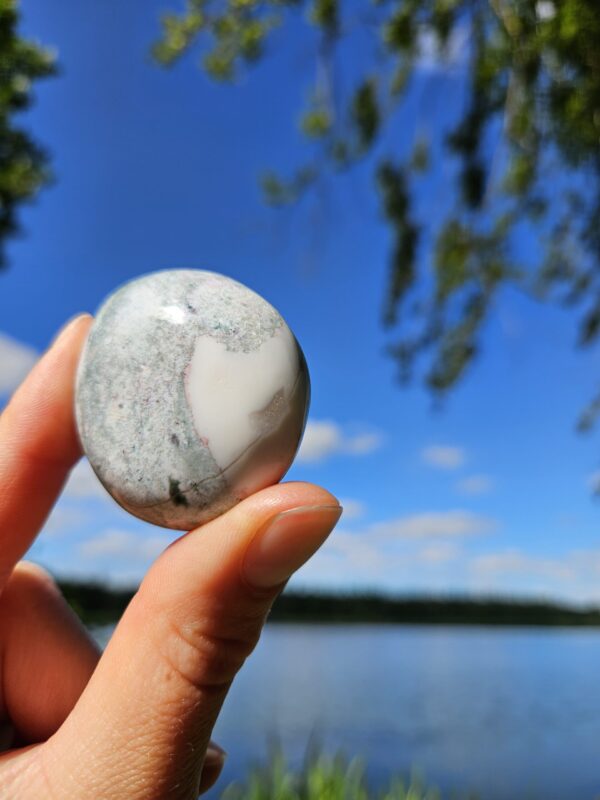 Ocean Jaspis palmstone med smukke nuancer af blå og grøn, der symboliserer ro og balance, perfekt til meditation og åndelig udvikling.