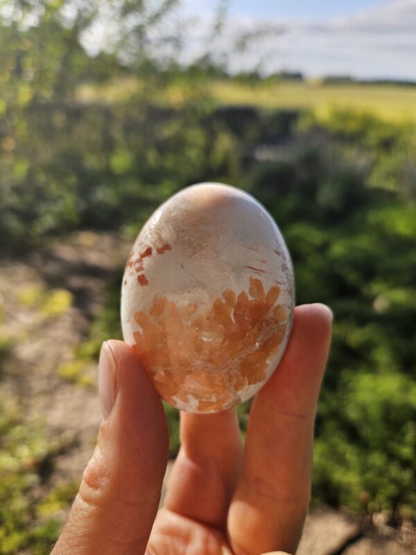 Poleret pink scolesit med stilbit som palmstone, kendt for sin beroligende energi, der fremmer følelsesmæssig balance og lindrer stress. Perfekt til meditation og indre ro.