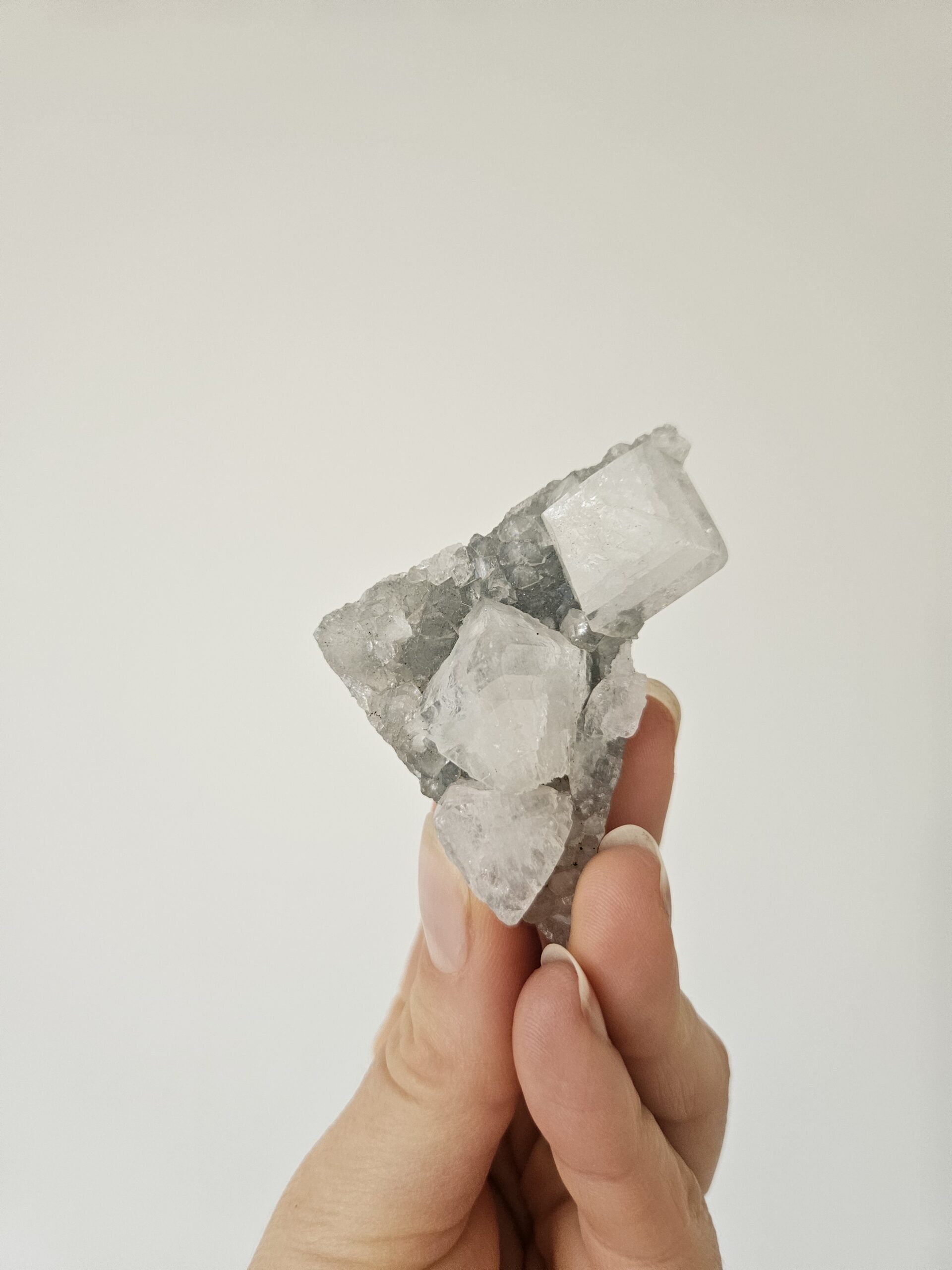 Apophyllit klynge, kendt for sine lysende krystaller, der fremmer åndelig vækst, hjælper med at heale og give slip på fortidens traumer, renser for negativ energi og er ideel til meditation.